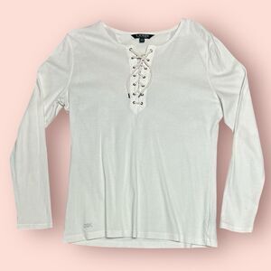 Lauren Ralph Lauren Ivory Stretch Criss Cross Lace Up Top Large Long Sleeve LRL